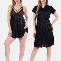 Be You Solid Lace Details Satin Nighty with Robe