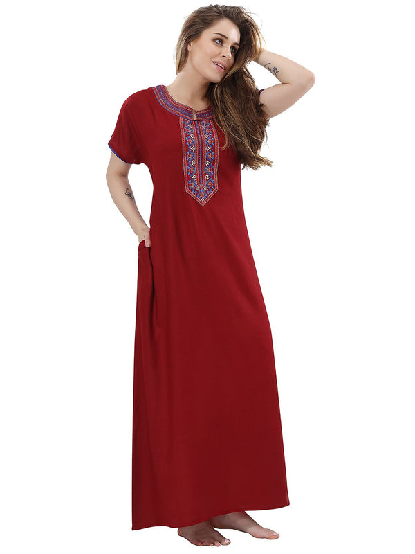 Be You Maroon Embroidered Maxi Nightdress