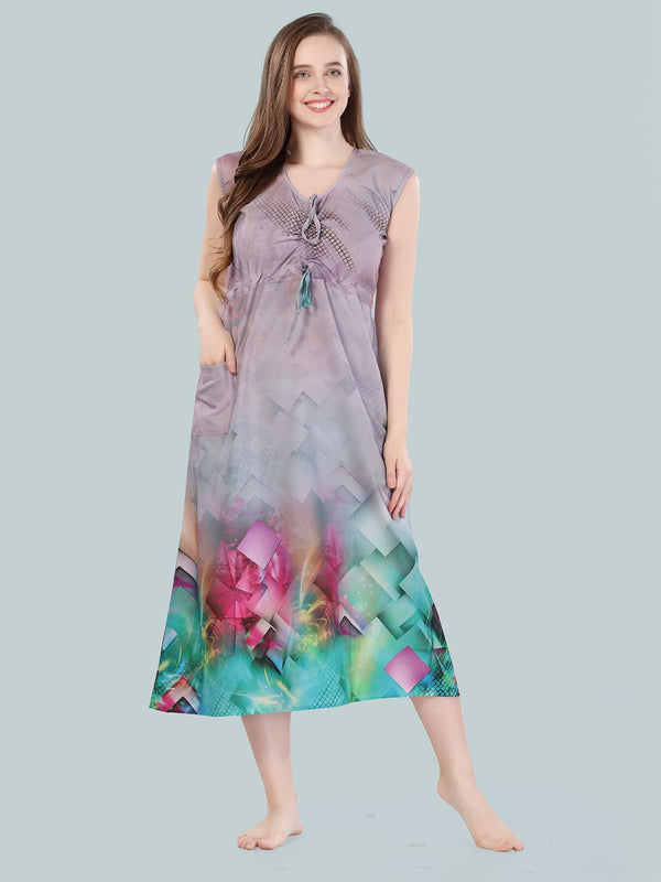 Be You Women Grey & Green Printed Nightdress