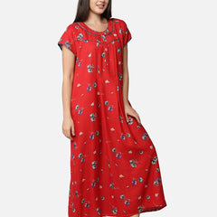 Be You Women Red & White Printed Maxi Maternity Nightdress