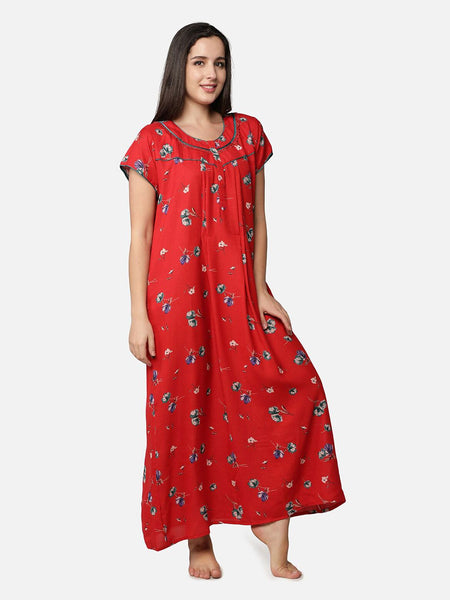 Be You Women Red & White Printed Maxi Maternity Nightdress