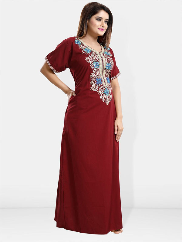 Be You Ethnic Motifs Embroidered Maxi Nightdress