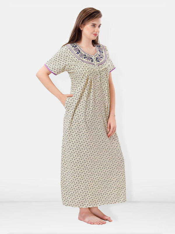 Be You Floral Printed Embroidered Maxi Nightdress