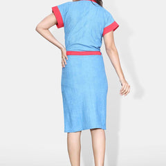 Be You Two-Tone Blue Solid Cotton Drawstring Knee Length Bath Robe-L/XL