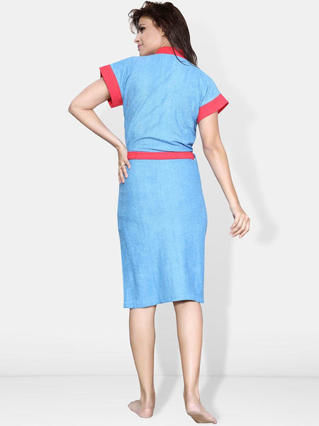 Be You Two-Tone Blue Solid Cotton Drawstring Knee Length Bath Robe-L/XL