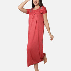 Be You Women Red Embroidered Maxi Maternity Nightdress