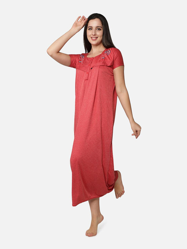 Be You Women Red Embroidered Maxi Maternity Nightdress