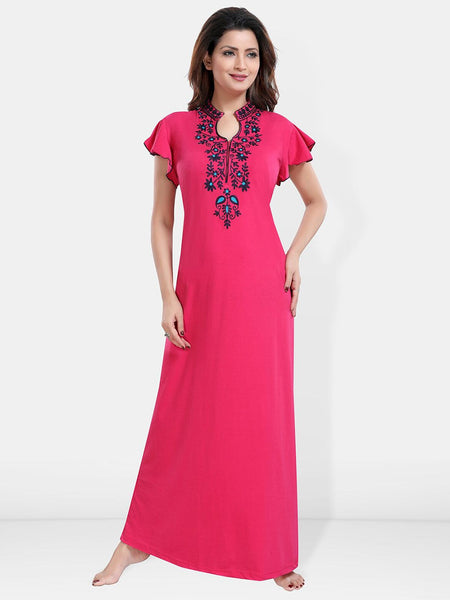 Be You Floral Embroidered Mandarin Collar Maxi Sweat Nightdress