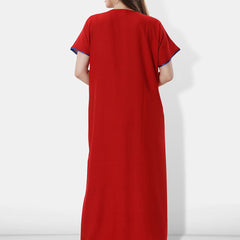 Be You Women Red Embroidered Maxi Nightdress