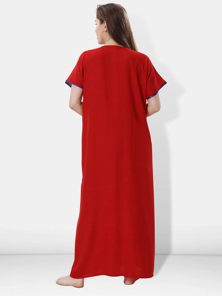 Be You Women Red Embroidered Maxi Nightdress