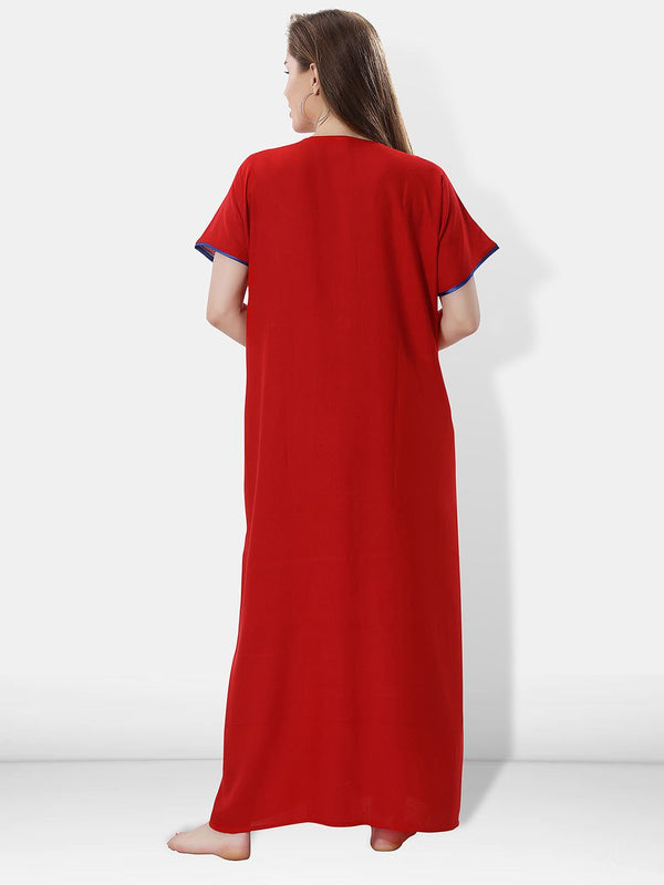 Be You Women Red Embroidered Maxi Nightdress