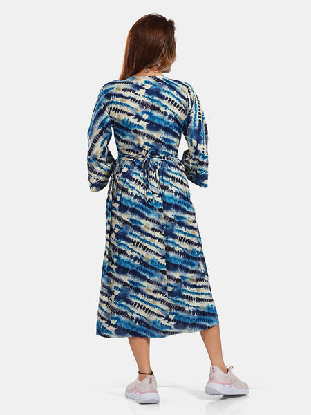 Be You Tie and Dye Printed Round Neck Bell Sleeves Maternity Fit & Flare Midi Dress