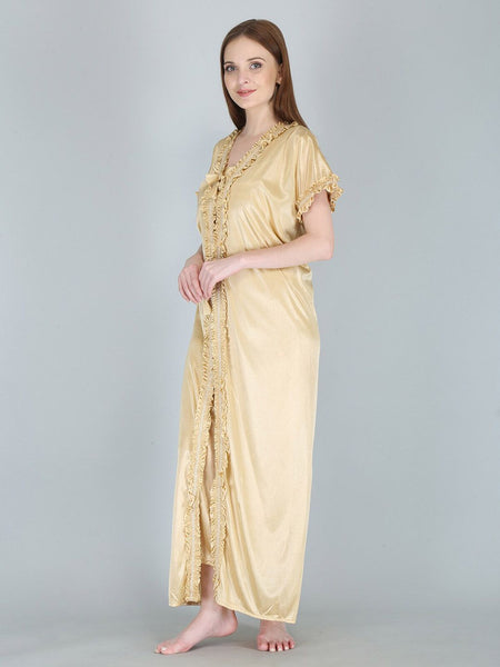 Be You Cream-Coloured Solid Satin Maxi Nightdress