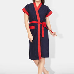 Be You Navy Blue Solid Cotton Drawstring Knee Length Bath Robe-L/XL
