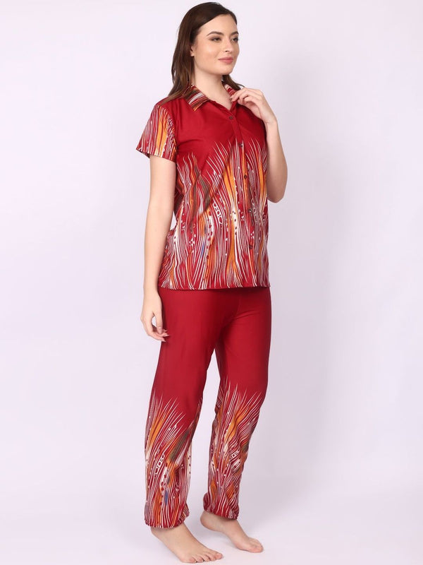 Be You Women Maroon Printed Satin Night suit