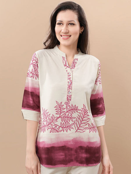 Be You Printed Mandarin Collar Tunic With Trousers