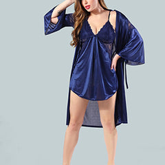 Be You Women Navy Blue Solid Satin Short Nighty with Robe