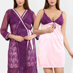 Be You Self Design Satin Nightdress With Robe