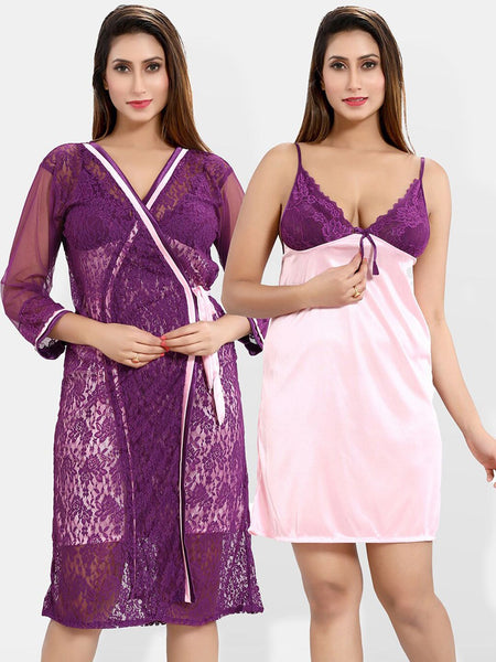 Be You Self Design Satin Nightdress With Robe