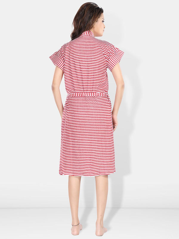 Be You Red Striped Cotton Drawstring Knee Length Bath Robe-2XL