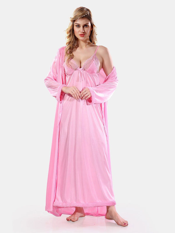 Be You V Neck Lace Up Details Satin Nightdress With Robe