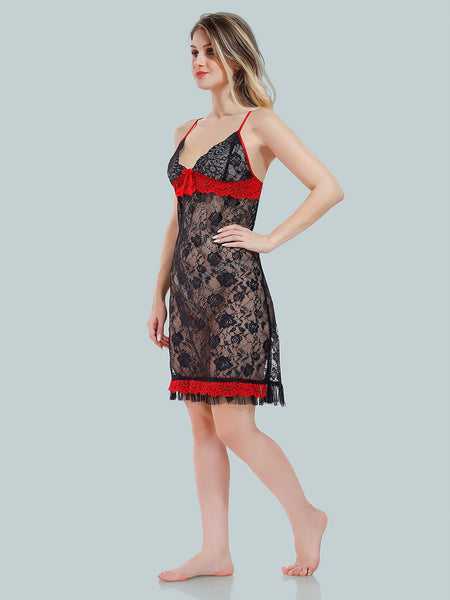Be You Solid Lace Details Satin Nighty with Robe