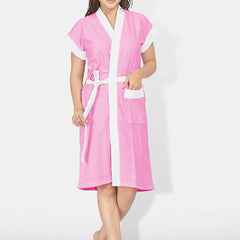 Be You Two-Tone Pink Solid Cotton Drawstring Knee Length Bath Robe-L/XL