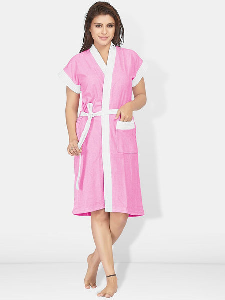 Be You Two-Tone Pink Solid Cotton Drawstring Knee Length Bath Robe-L/XL