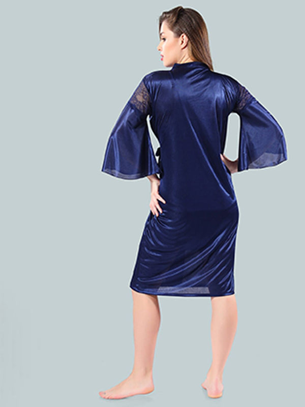 Be You Women Navy Blue Solid Satin Short Nighty with Robe
