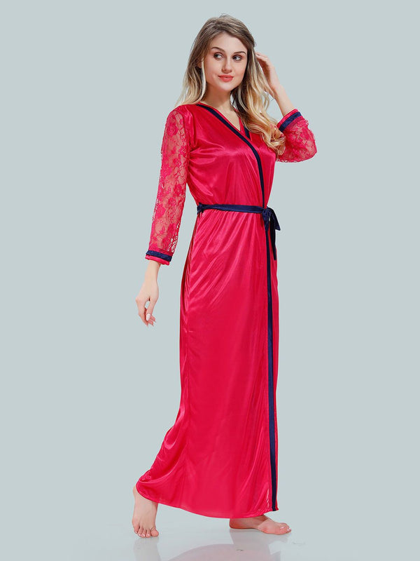 Be You Solid Lace Details Satin Nighty with Robe