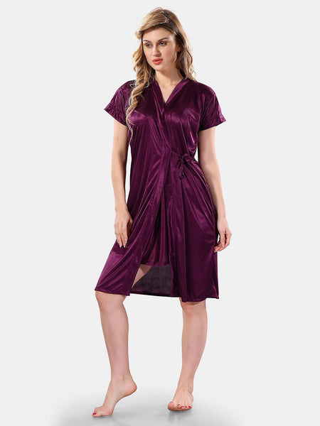 Be You Solid Lace Details Satin Nighty with Robe