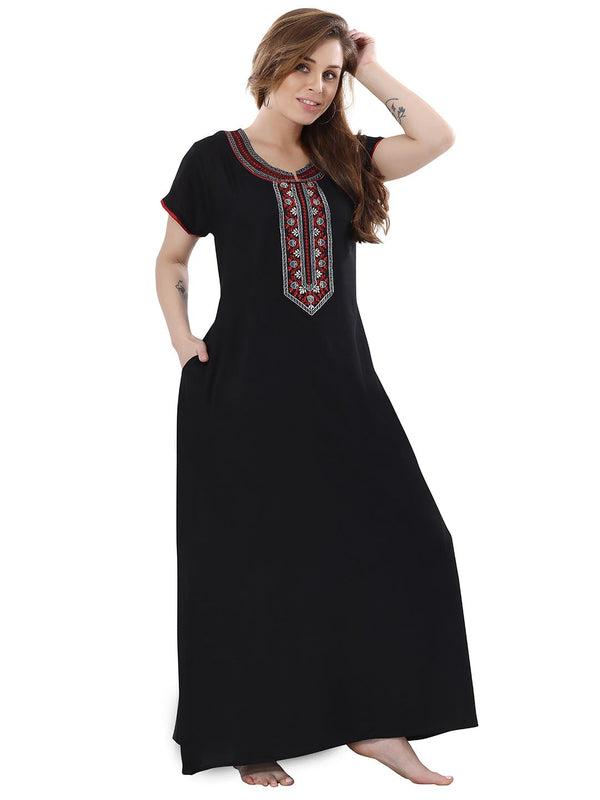 Be You Black Embroidered Maxi Nightdress