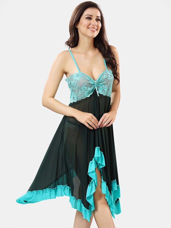 Be You Self Design Sleeveless Net Baby Doll With Brief