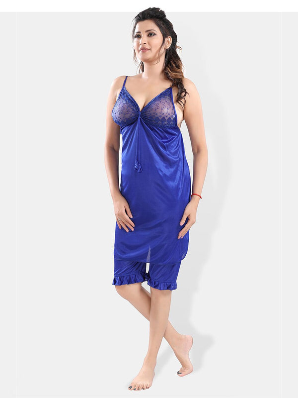 Be You Shoulder Strap Neck Satin Night Suit With Robe