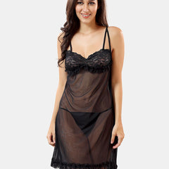 Be You Self Design Sleeveless Net Baby Doll With Brief
