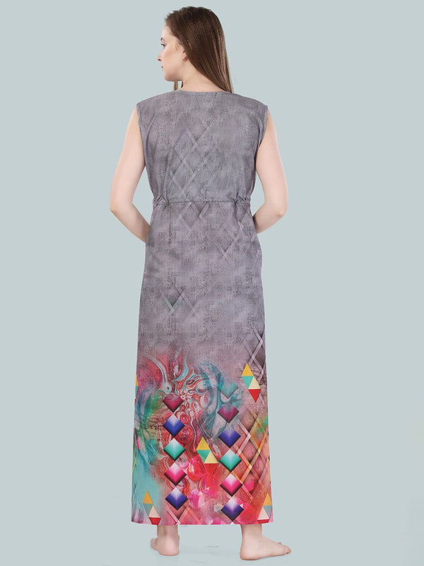 Be You Women Grey Geometric Printed Maxi Nightdress
