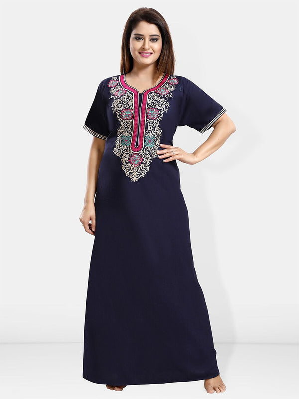 Be You Ethnic Motifs Embroidered Maxi Nightdress