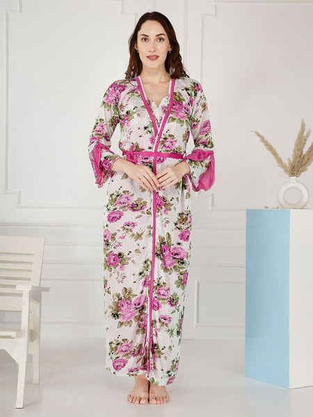 Be You Floral Printed Shoulder Straps Satin Maxi Nightdress With Robe