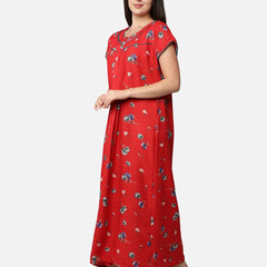 Be You Women Red & White Printed Maxi Maternity Nightdress