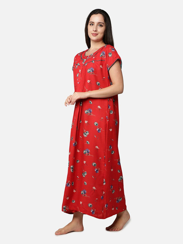 Be You Women Red & White Printed Maxi Maternity Nightdress