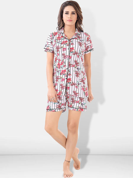 Be You Women White & Pink Printed Pajama & Shorts with Shirt Night Suits