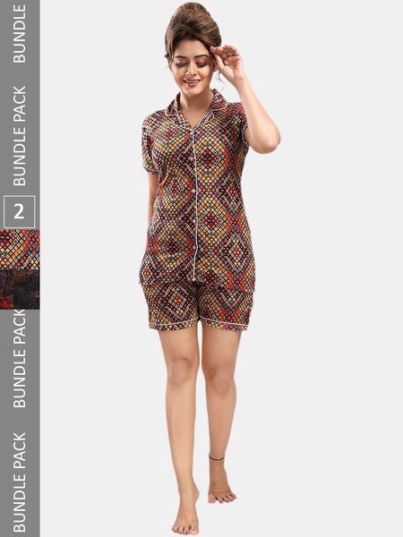 Be You Pack Of 2 Lapel Collar Abstract Printed Night Suits