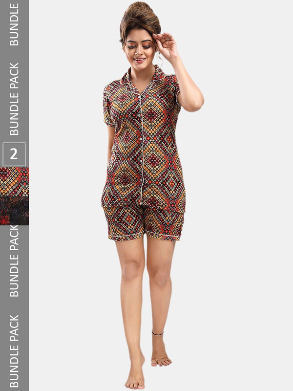 Be You Pack Of 2 Lapel Collar Abstract Printed Night Suits