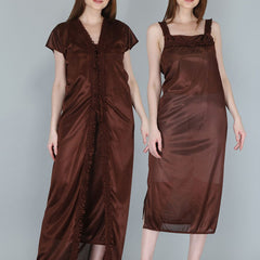 Be You Women Brown Maxi Nightdress  With Robe Pack of 2