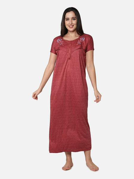 Be You Maroon Cotton Striped Maternity / Feeding  Gown for Women
