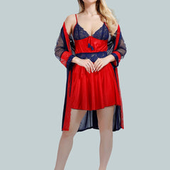 Be You Solid Lace Details Satin Nighty with Robe