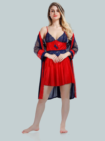 Be You Solid Lace Details Satin Nighty with Robe