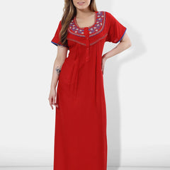 Be You Women Red Embroidered Maxi Nightdress