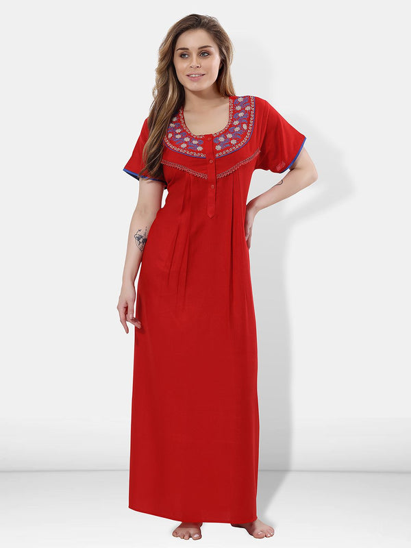 Be You Women Red Embroidered Maxi Nightdress