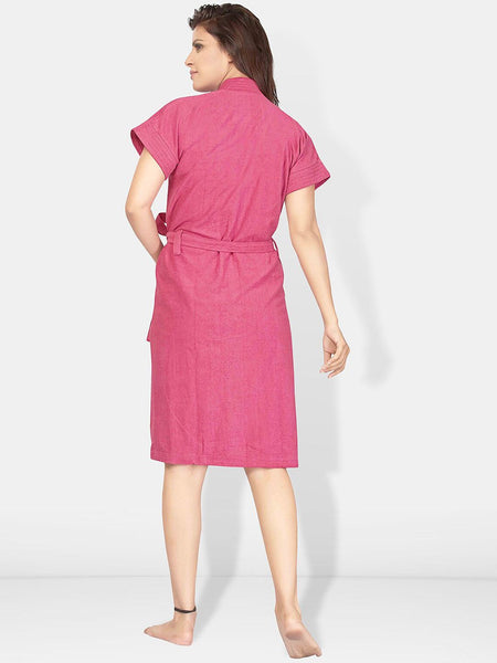 Be You Pink Solid Cotton Drawstring Knee Length Bath Robe